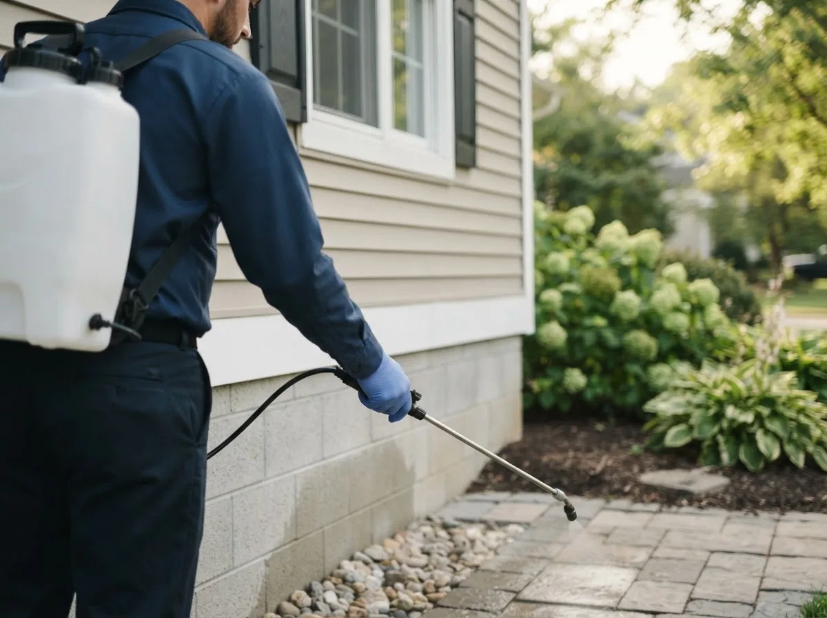 Pest control technician inspecting a home in Ravenna, NE